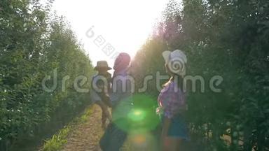 农村家庭的童年快乐，坚强的父亲把儿子抛向天空，母亲在阳光下向苹果园挥手